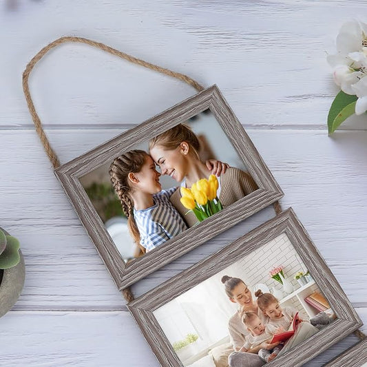 Lavezee 4x6 Hanging Collage Picture Frame Set, Rustic 8 Opening Horizontal Frames Display 4 by 6 Photos Prints for Wall Decor