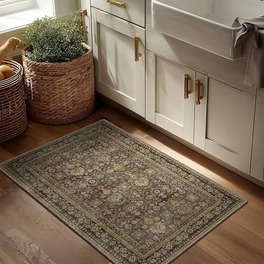 Washable 2x3 Entryway Rug, Boho Non-Slip Door Mat Vintage Distress Small Rugs for Kitchen Nursery Office Bedroom, 0.3" Neutral Oriental Throw Carpet with Cushioning Pad, Red/Brown/Multi, C4