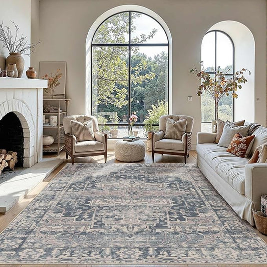 Rugxara 6x9 Area Rugs for Living Room Bedroom, Large Washable Rug, Blue Vintage Floral Boho Style, Non Slip & Low Pile Carpet for Indoor Dining Room, Dorm and Kids Room(Blue 6x9ft)