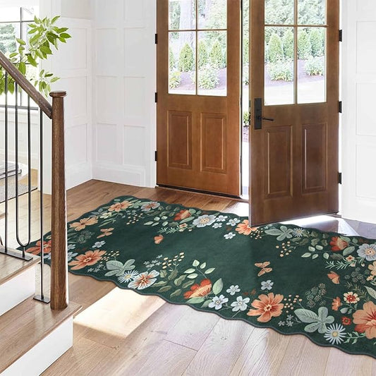 Lahome Floral Hallway Runner, 2X6 Washable Runner Rug Non-Slip, Ultra-Thin Soft Stain Resistant Boho Low-Pile Carpet for Kitchen Laundry Bathroom Bedroom Flore, Dark Green
