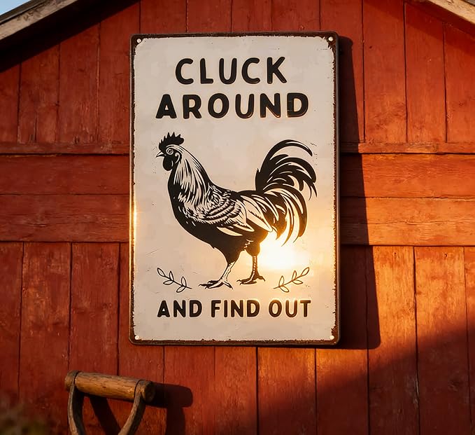 Funny Chicken Metal Sign Cluck Around and Find Out Tin Sign Fun Rooster Tin Signs Decor Rustic Farmhouse Sign for Farm Chicken Coop Farmhouse Kitchen Yard Fence 8 X 12 Inch