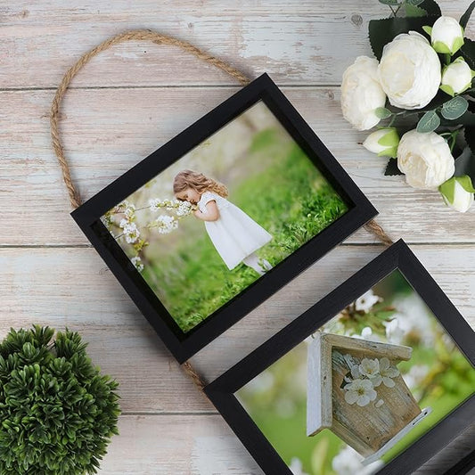 Lavezee 5x7 Hanging Collage Picture Frames Set of 2, Black 8 Opening Horizontal Frame Made to Display 5 x 7 Inch Photo for Wall Decor