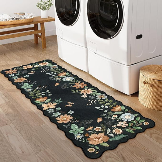 Lahome Floral Kitchen Runner, 2x5 Soft Washable Runner Rug Non Slip, Ultra-Thin Hallway Rug Stain Resistant Boho Carpet for Laundry Bathroom Bedroom Flore, Black/Grey