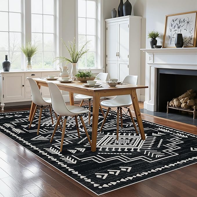Joydeco Moroccan 5x7 Western Black and White Rugs for Living Room, Washable Soft Aztec Rug for Bedroom, Low Pile Distressed Modern Carpet for Dining Room Playroom Office Home Decor
