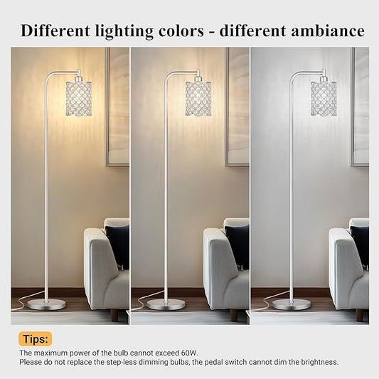 QiMH Industrial Floor Lamp for Living Room, Modern Standing Lamp with Crystal Lampshade Pedal Switch, 67” Tall Lamp for Bedroom Study Room, Silver (2700K LED Bulb Included)