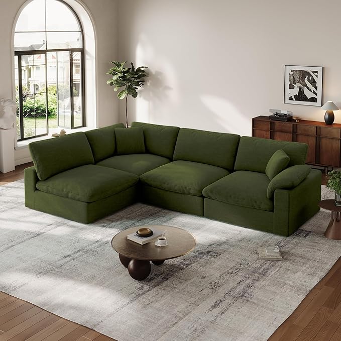 Cloud Modular Couch for Living Room,V Shape Linen Blend Sofas,Modern Deep Seat Cloud Sofas,Convertible Comfort Down Filled Sectional Couches,Removable Washable Cushion Covers,Green