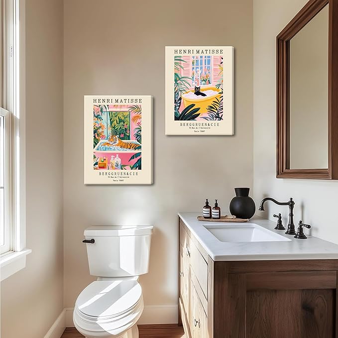 Funny Bathroom Canvas Wall Art Set of 3, Matisse Black Cat Animal Wall Decor Paintings, Cute Tiger Bathroom Pictures Posters Prints 12x16 Inch Framed
