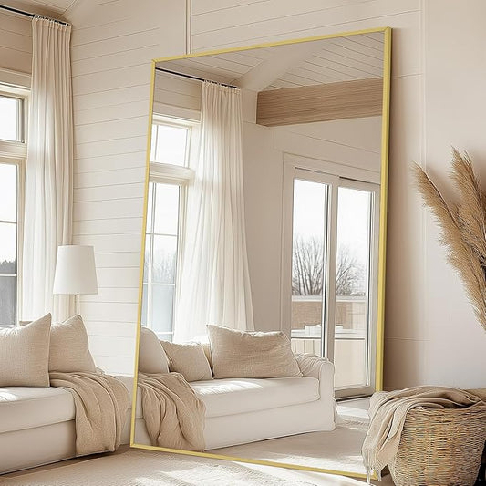 Large Mirror Full Length with Stand, 76"X44" Oversized Floor Mirror Gold Standing Full Length Mirror for Gym Bedroom Living Room Clothing Store, Hanging or Wall Mounted, Tempered Glass
