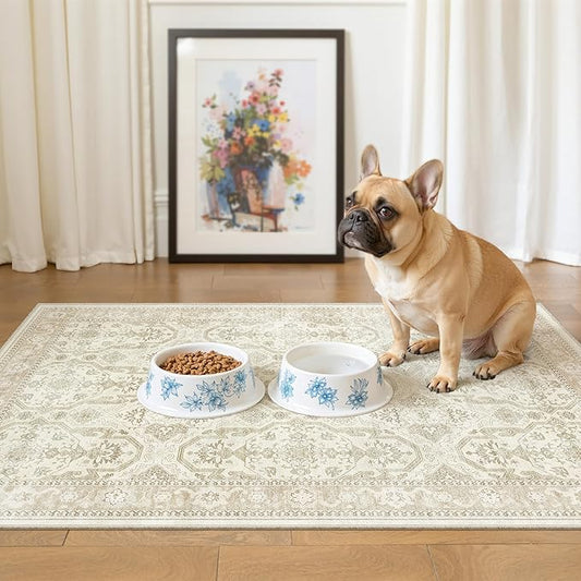 Soalmost 2x3 Washable Rugs for Kitchen, Floor, Entryway, Powder Room Small Area Rug Non-Slip Vintage Low Pile Throw Door Mat Beige/Brown