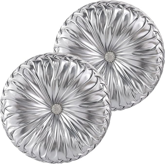 HIG Set of 2 Handcrafted Silver Ruched Round Throw Pillows – 14.5’’ Metallic Leather Decorative Pillows with Soft Polyester Filling for Couch, Bed, Living Room, Bedroom, or Dorm