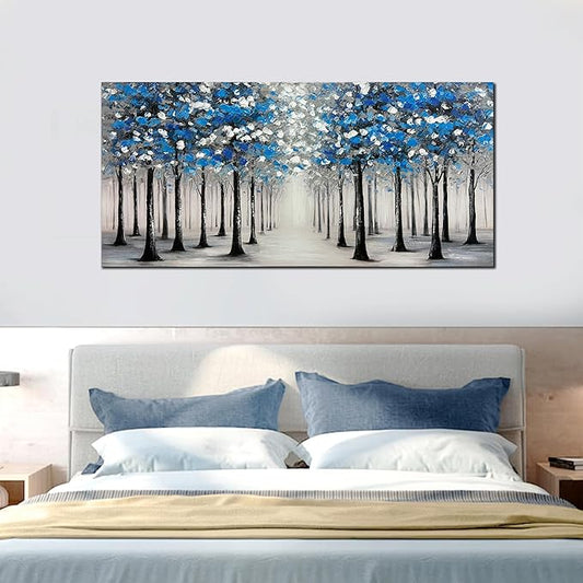Trogonup Large Forest Wall Art for Living Room Blue and White Trees Landscape Painting Modern Textured Oil Painting for Bedroom Office Home Decor 24x48 Inch