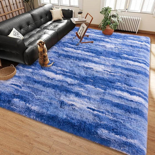 Shag Rugs for Living Room 9x12, Ultra Soft Abstract Blue Big Fuzzy Rugs for Bedroom, 9 x 12 Fluffy Shaggy Plush Carpet Girls Kids Room Dorm Upgrade Non-Slip