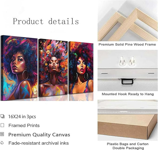 3Pcs African American Women Canvas Wall Art Colorful Graffiti Afro Girl Painting Modern Abstract Aesthetic Pictures Wall Decor Posters Print Artwork for Living Room Bedroom Home Decoration