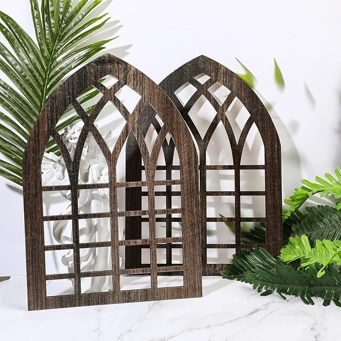 Yulejo 2 Pcs Rustic Window Frame Wall Decor Wooden Farmhouse Wall Decor 15.6'' x 11'' Arched Cathedral Window Home Decor Fake Window Pane Vintage Wall Art for Entryway Living Room Bedroom (Dark Brown)