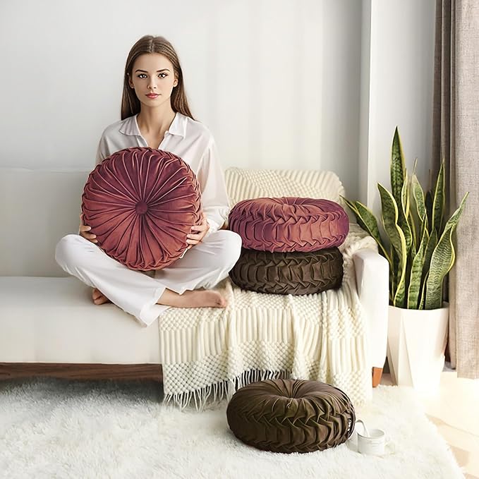 HIG Set of 2 Decorative Round Pleated Throw Pillows,Classy Accent Pumpkin Throw Pillows with Center Button,Vintage Velvet Floor Pillows for Sofa Vanity Chair Bed,Chocolate,14.5" Diameter(Ripple)