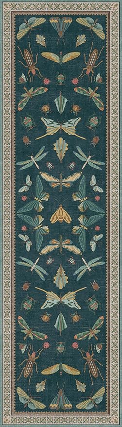 Hazo Haus Washable 2x7 Kitchen Sink Runner Rug, Teal Boho Bathroom Carpet for Entrance Indoor, Brown & Green Floral Insect Print, Stain Resistant Non Slip Rug