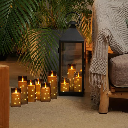 Homemory 9 Pcs Flameless Candles with Embedded Star String Fairy Lights, Battery Operated Candles, LED Fake Candles with Remote Control and Timer, Gray Acrylic