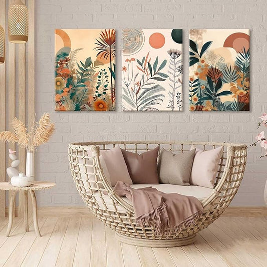 LYPHNX Framed Boho Burnt Orange Botanical Floral Canvas Wall Art Abstract Terracotta Jungle Poster Pictures Set of 3 Flower Prints Painting Home Decor for Bathroom Bedroom Living Room 12"x16"