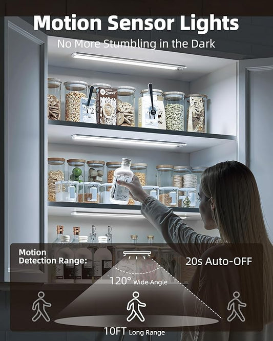 EZVALO 2 Pack Under Cabinet Lights, 14.5'' Magnetic Motion Sensor Light, 4000mAh Large Capacity Rechargeable Closet Light, Remote Control Dimmable 5700K Cool White for Kitchen, Stairs, Hallway