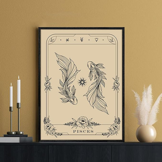 SERIMINO Witchy Framed Wall Art, Pisces Tarot Canvas Prints Paintings, Horoscope Dark Academia Home Decor Aesthetic, 16x24inch Gothic Wall Decor for Room