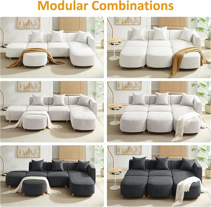 VANOMi 109.84" Modular Sectional Sofa with 3 Pillows, Convertible 5-Seater Comfy Boucle Cloud Couch with Ottoman, Modern Sectional Sofas for Living Room, Office, Apartment (White)