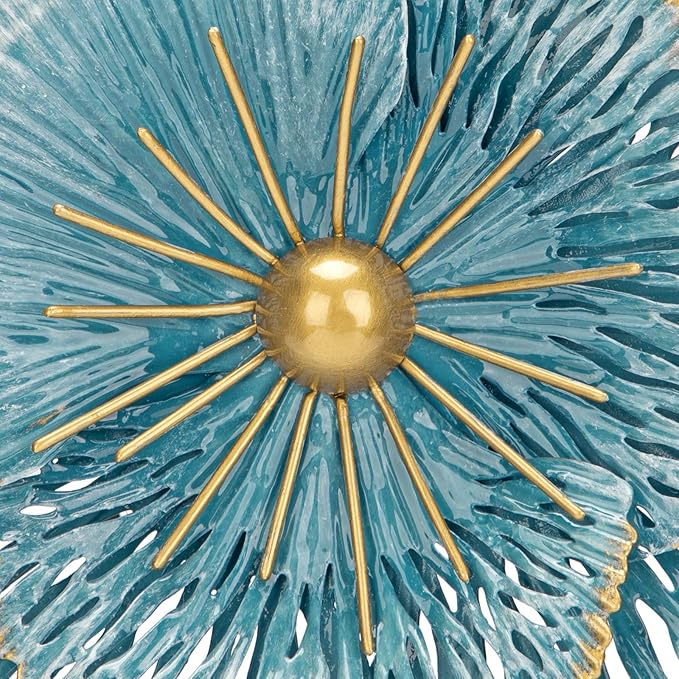 DILATATA 3 Pcs Metal Flower Wall Art Set 10 Inch Rustic Modern Floral Sculpture 3D Metal Flower Wall Hanging Accent for Indoor Living Room Bedroom Kitchen Bathroom Garden Patio Decor - Blue