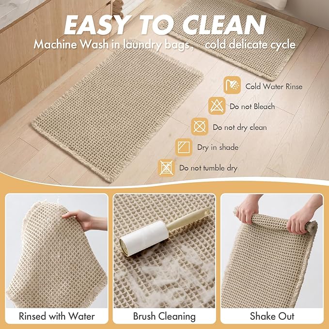 MIULEE Set of 2 Waffle Bathroom Rugs, Boho Bath Rugs Non Slip Washable, Super Absorbent Bath Mats, Ultra Soft Rubber Backed Shower Mats for Bathroom Floor, Tub and Shower, Pale Beige, 18x30 Inch