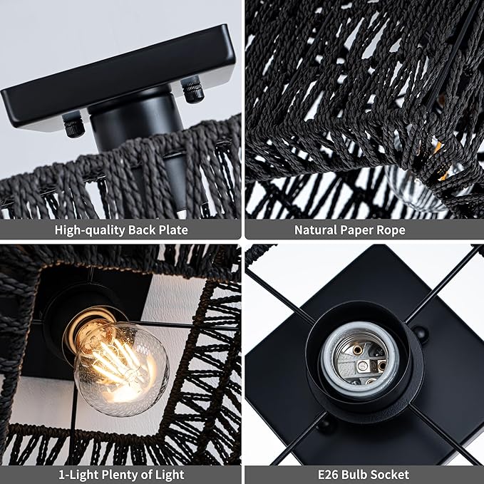 Rpzloila Rattan Ceiling Light, Black Boho Light Fixture, Square Flush Mount Ceiling Light for Bedroom, Hallway, Entryway, Kitchen, Laundry