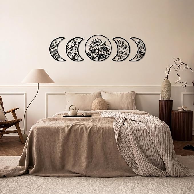 Sanwarm 5 Pieces Metal Wall Decor, Floral Moon Celestial Metal Wall Art Sunflower Witchy Black Hanging Decoration for Home Bathroom Living Room Bedroom Garden Office Housewarming Gifts
