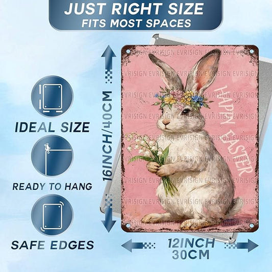 Happy Easter Bunny Metal Sign Pink Background Design Rustic Farmhouse Wall Art For Home Kitchen Garden Spring Decor 12x16Inch