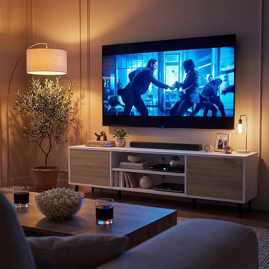 YESHOMY Mid-Century Modern TV Stand for 65-70 Inch TVs, 63 Inch Entertainment Center with Storage, Media Console with Push-to-Open Doors and Cable Management for Living Room, Bedroom(White and Beige)