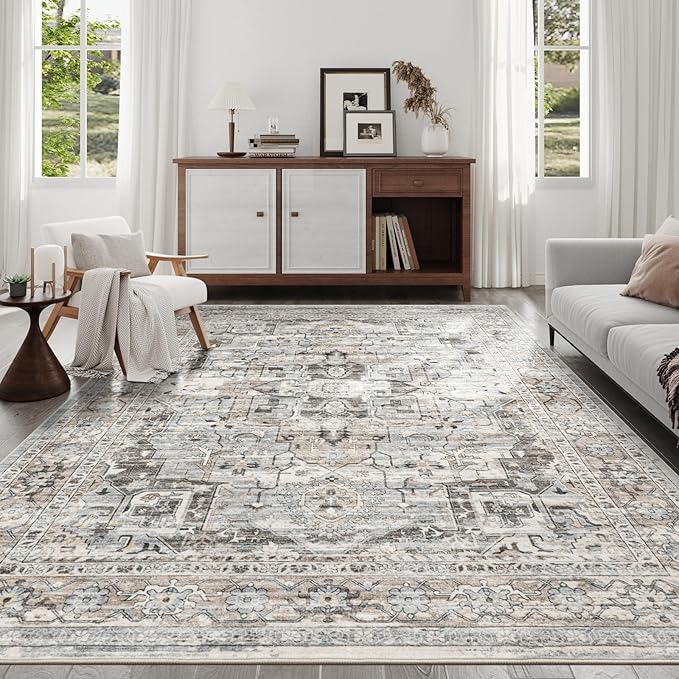 9x12 Washable Vintage Area Rug - Non-Slip Soft Rugs for Living Room Bedroom Dining Room, Stain Resistant Indoor Floor Mat for Home Decor (Beige/Brown, 9'x12')