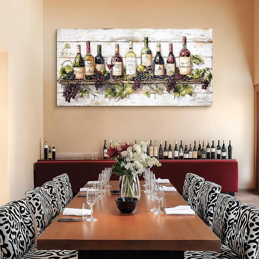 crmotu Still Life Kitchen Wall Art, Wine Bottle Extra Large Artwork, French Country Home Bar Decor Paintings, Modern Home Wall Decor Dining Room Wine Cellar Canvas Art Prints Ready to Hang 29x57inch