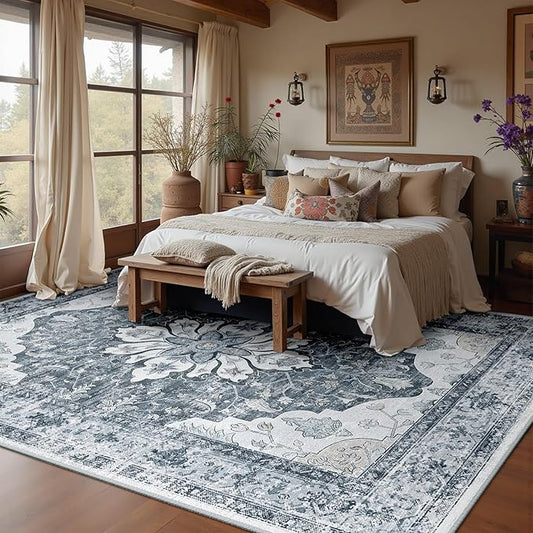 RELEANY Area Rugs 10'x12' Washable Non-Slip, Floral Vintage Distress Print Pattern Medallion Carpet for Living Room Bedroom Dining Room, Light Gray Grey White