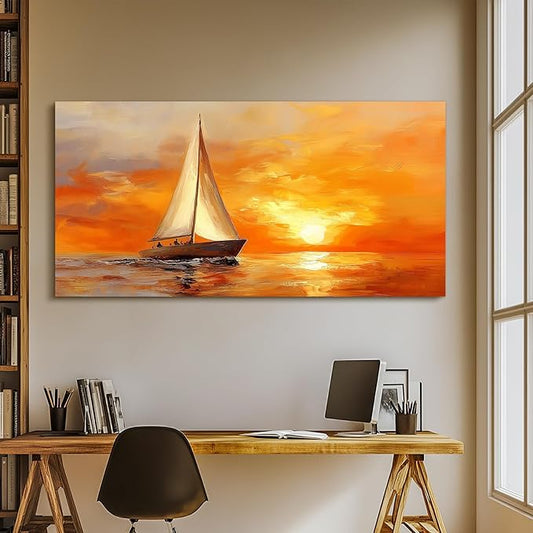 SERIMINO Ocean Sunset Wall Art, Sailboat on Sea Extra Large Artwork, Nautical Landscape Canvas Art Prints, Still Life Aesthetic Paintings Wall Decor Living Room Bedroom Home Office Hotel 29"X57"