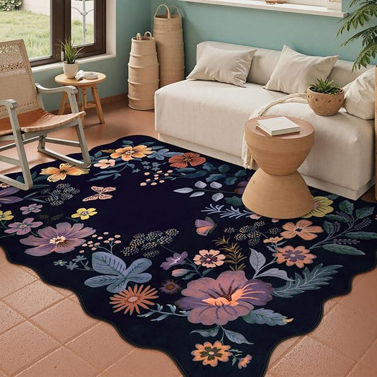 Lahome Floral Washable Rugs for Bedroom, 4X6 Area Rug Ultra-Thin Soft Living Room Rug, Non-Slip Classroom Rug Stain Resistant Boho Low-Pile Throw Carpet for Office Flore (4x6ft,Purple)