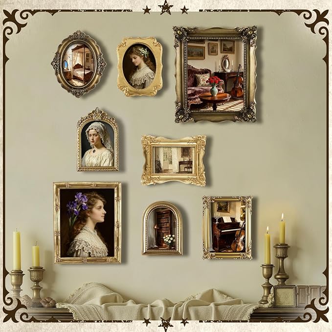 8 Pcs Picture Gold Vintage Gallery Wall Frame Set Antique Resin Picture Frame Collage Including 8x10, 5x7, 4x6 Baroque Victorian for Wall Tabletop Display Ornate French Country for Bedroom Living Room
