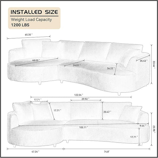 WILLIAMSPACE 122" Modern Curved Sofa Couch, Upholstery Oversized Cloud Sofa with Chaise & Pillows, Left Hand Facing Sectional Couch for Living Room (Left-Facing,White Corduroy)