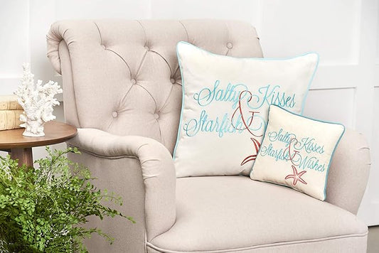 C&F Home Salty Kisses Starfish Wishes Embroidered Cotton Small Petite Mini Accent Pillow 10" x 10" All Seasons Summer Beach House Inspirational Quote Coastal Home Living Room Sofa Couch Chair Bed