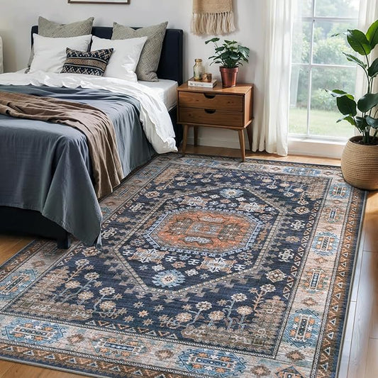 Tangsoo Vintage Geometric 4x6 Rug for Living Room,Blue Orange Washable Indoor Area Rug,Non-Slip Rubber Backing Low Pile Soft Carpet for Front Porch Dining Room Patio Bedroom