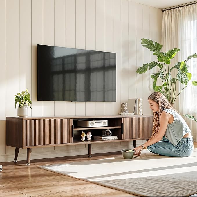 Airynee Mid Century TV Stand, Modern TV Console for TVs up to 70 Inches, Entertainment Center with Storage, TV and Media Consol, 62 Inch (Walnut)