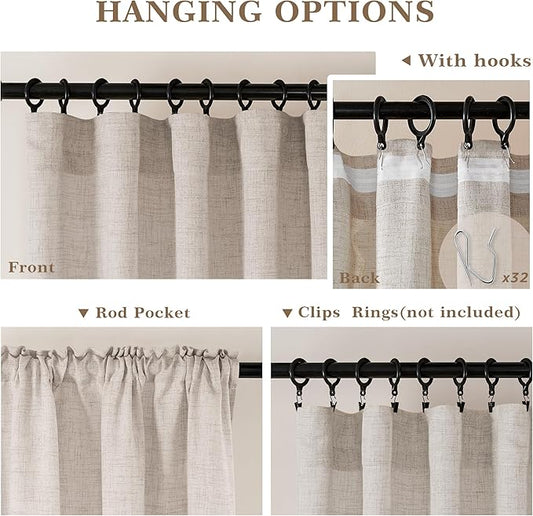 Linen Curtains 63 Inch Length Semi Sheer Flax Linen Textured, Small Drapes for Farmhouse Kitchen Bedroom Apartment, Light Reducing Privacy Curtain Rod Pocket Hook Belt 63 Inches Long 2 Panels
