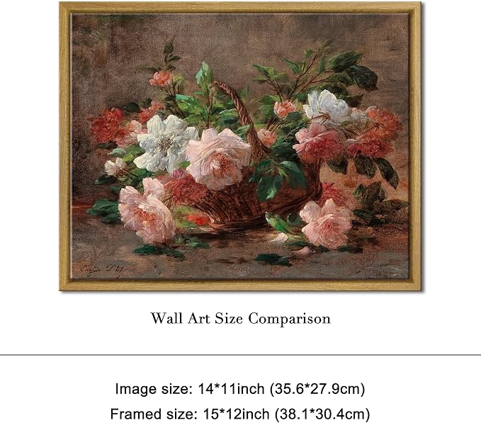 Pyradecor Vintage Retro Framed Wall Art A Basket with Roses Canvas Prints Classical Floral Painting Artwork for Kitchen Decor Farm House Office Decorations