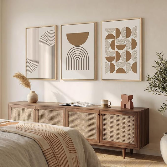 Large Framed Abstract Neutral Boho Wall Art for Living Room, 3 Piece Beige Mid Century Modern Canvas Artwork for Walls, Bauhaus Geometric Prints for Bedroom Office Dining Room Wall Decor, 24x36 Inch
