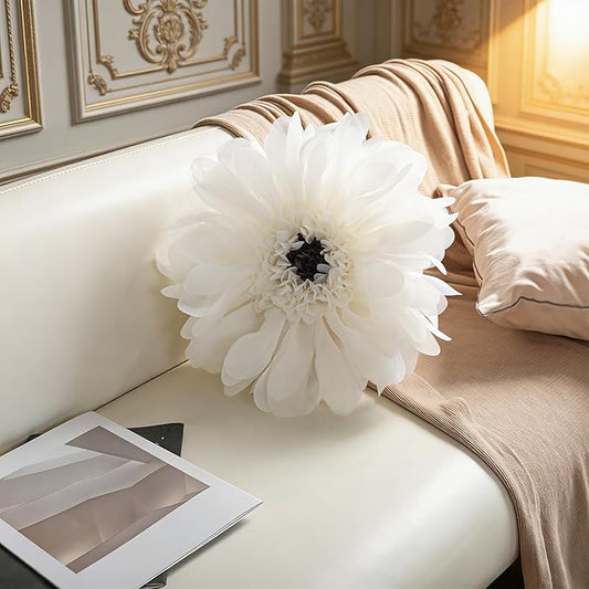 3D Flower Round Throw Pillow Cute Decorative Daisy Accent Cushion Handmade Soft Elegant Velvet Pillowcase with Inserts for Bed Couch Chair Car Bedroom Living Room Home Decor Gift 14Inch White