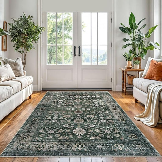 KUTA 5x7 Area Rugs Dark Green, Vintage Washable Rugs for Living Room Ultra Thin Soft Non-Slip Printed Distressed Tribal Traditional Farmhouse Carpet for Bedroom Dining Room Dorm Office Home