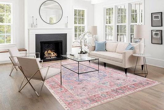 Sofrug 9x12 Area Rug - Medallion Honeycomb Non Slip Backing Area Rugs Ocean Pink Mixed Faux Wool Foldable Foldable & Machine Washable Area Rugs for Living Room Bedroom Dining Room Home Office