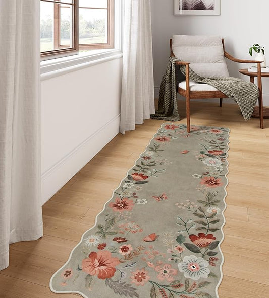 Lahome Floral Kitchen Runner, 2X6 Washable Runner Rug Non-Slip, Ultra-Thin Soft Hallway Rug Stain Resistant Boho Carpet for Bedroom Laundry Bathroom Flore, Brown