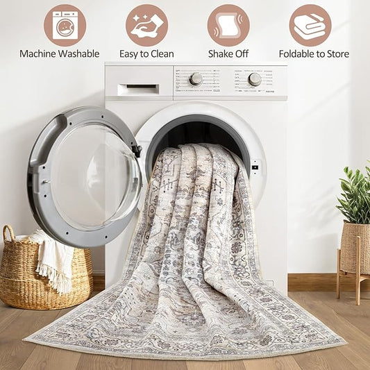 10x14 Area Rugs Living Room: Washable Boho Large Neutral Vintage Soft Rug Stain Resistant Farmhouse Non Slip Indoor Floor Carpet for Bedroom Nursery Kids Playroom Office Dining Room- Ivory Gray