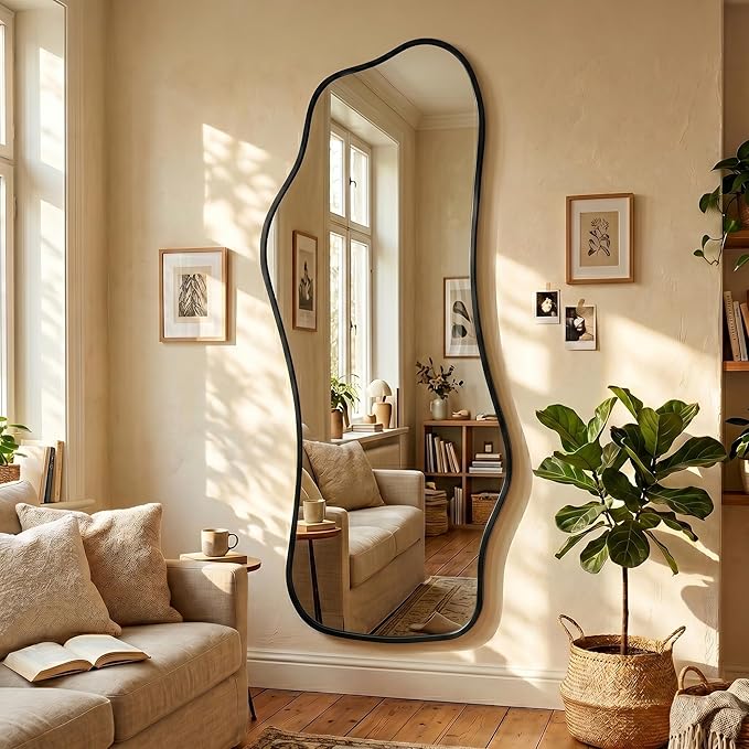 Mirror Full Length - Irregular Full Body Mirror Standing or Leaning or Wall Hanging 62.2"x 22.8" Asymmetrical Aviation Aluminum Alloy Frame Unique for Bedroom, Living Room, Cloakroom, Entryway